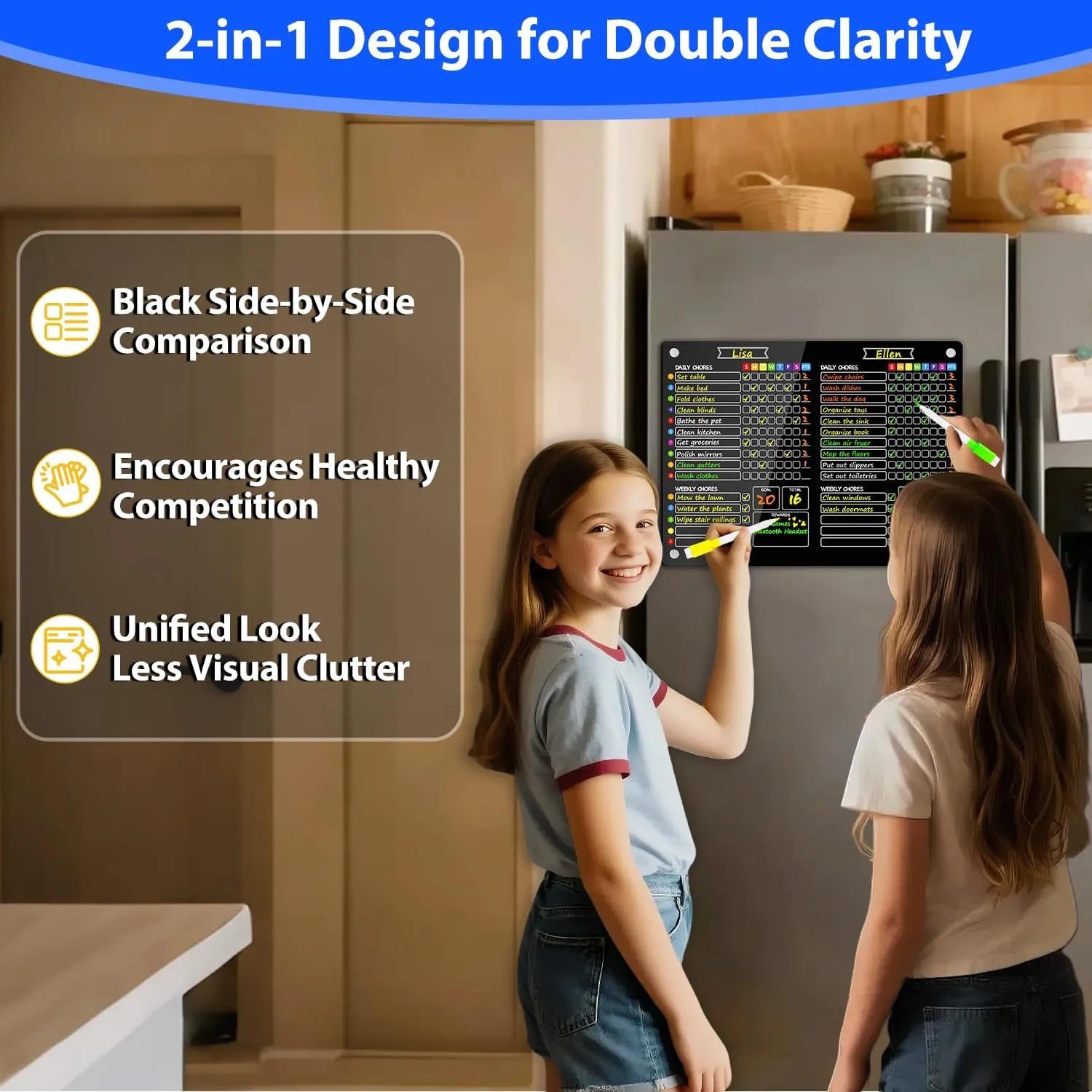 PigPotParty 2-in-1 Black Acrylic Magnetic Chore Chart for 2 Kids Couples Roommates, 11"x15" Clear Dry/Wet Erase Chore List for White Fridge, Weekly Reward Responsibility Chart, 12 Markers & 1 Towel