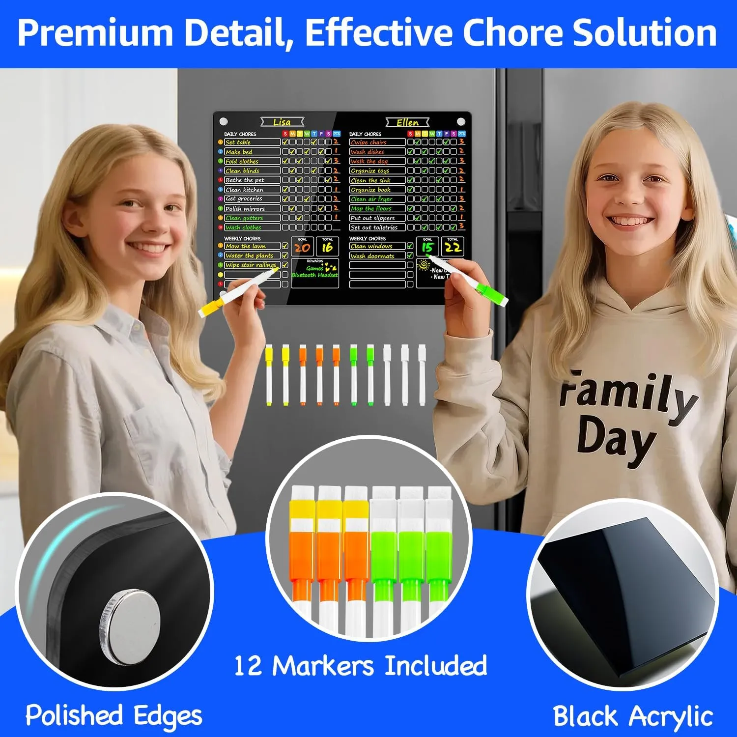 PigPotParty 2-in-1 Black Acrylic Magnetic Chore Chart for 2 Kids Couples Roommates, 11"x15" Clear Dry/Wet Erase Chore List for White Fridge, Weekly Reward Responsibility Chart, 12 Markers & 1 Towel