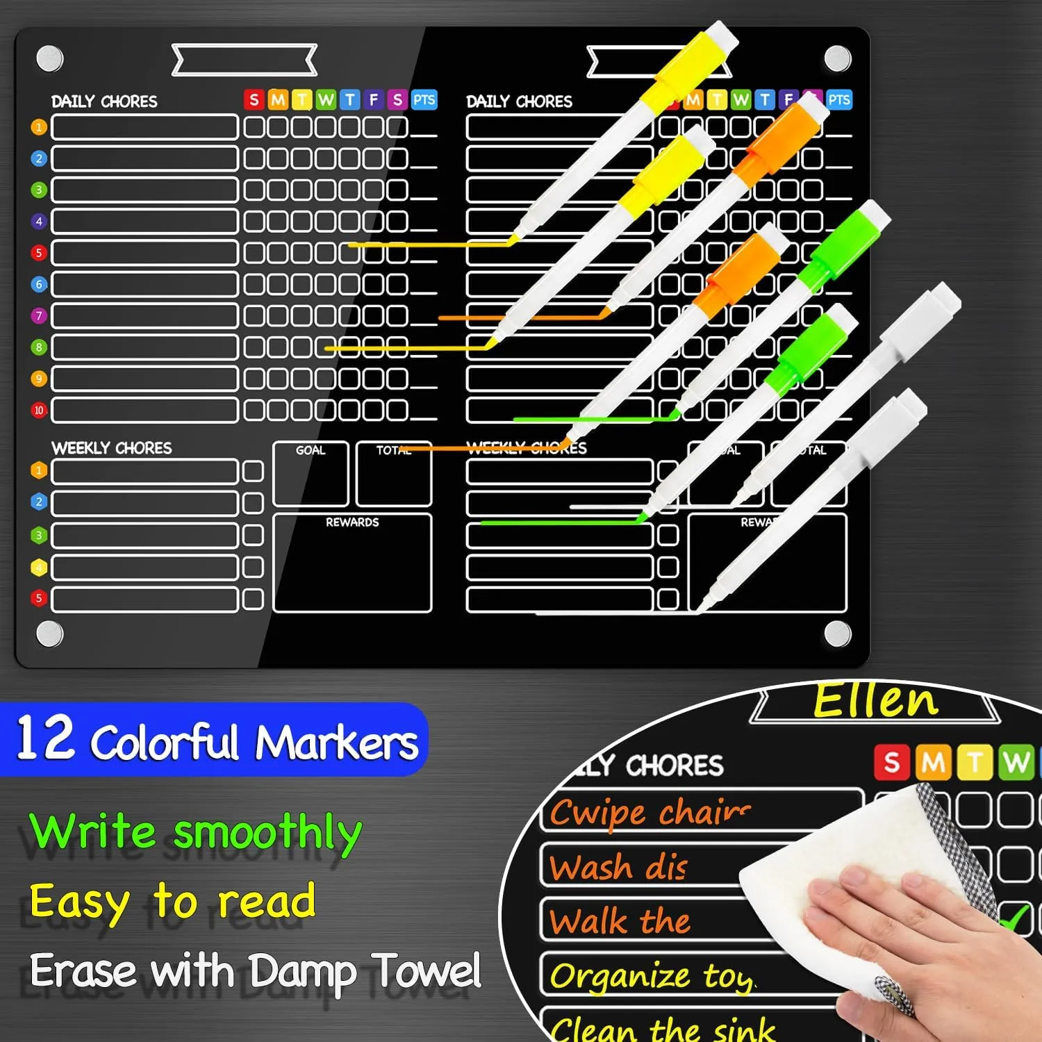 PigPotParty 2-in-1 Black Acrylic Magnetic Chore Chart for 2 Kids Couples Roommates, 11"x15" Clear Dry/Wet Erase Chore List for White Fridge, Weekly Reward Responsibility Chart, 12 Markers & 1 Towel