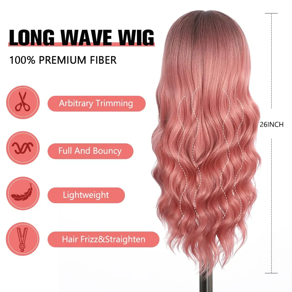 Pink Wig with Bangs Long curly wavy Wig for Women Powder wig with Natural Black root skin-friendly synthetic fibersc for festival holiday Use 26IN