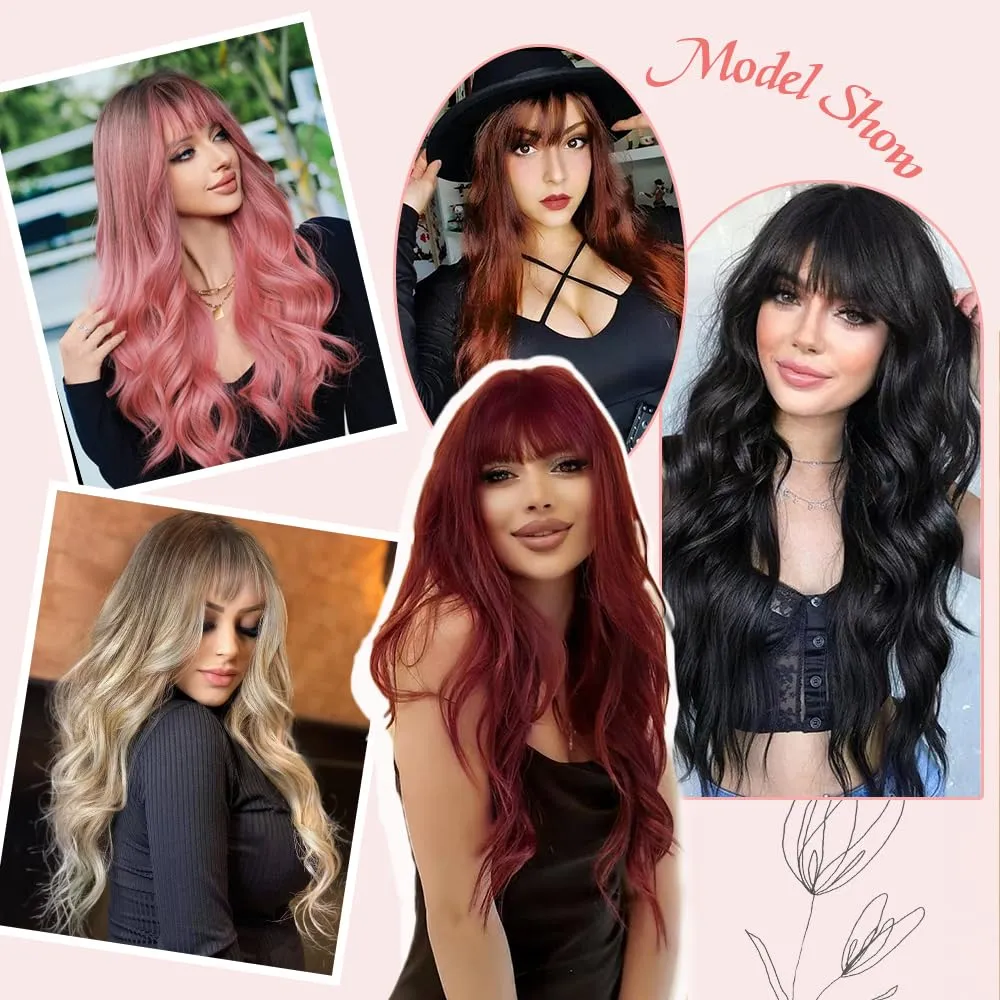 Pink Wig with Bangs Long curly wavy Wig for Women Powder wig with Natural Black root skin-friendly synthetic fibersc for festival holiday Use 26IN