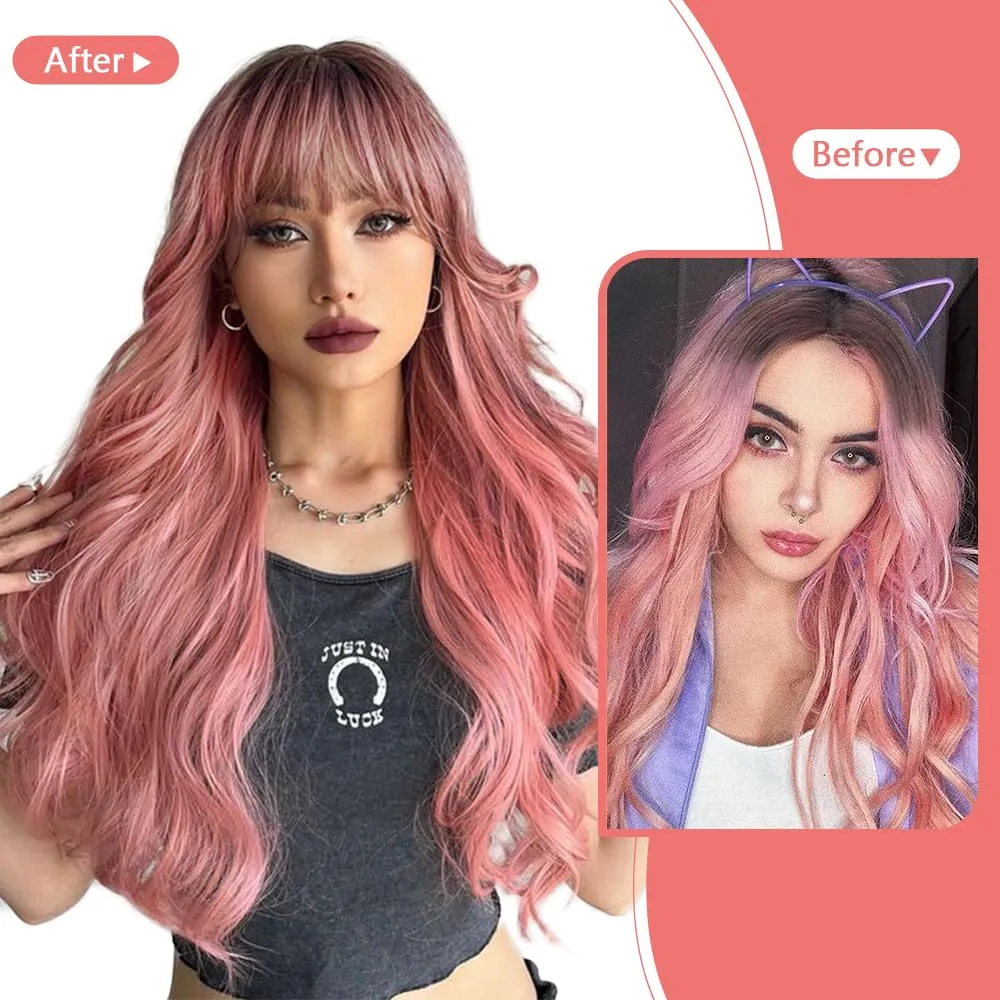 Pink Wig with Bangs Long curly wavy Wig for Women Powder wig with Natural Black root skin-friendly synthetic fibersc for festival holiday Use 26IN