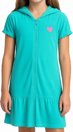 Pink Platinum Girls Swim Cover Up - Full Zip Hooded Ruffled Kids Terry Cloth Bathrobe, Swim Cover Up Dress for Girls (2T-16)