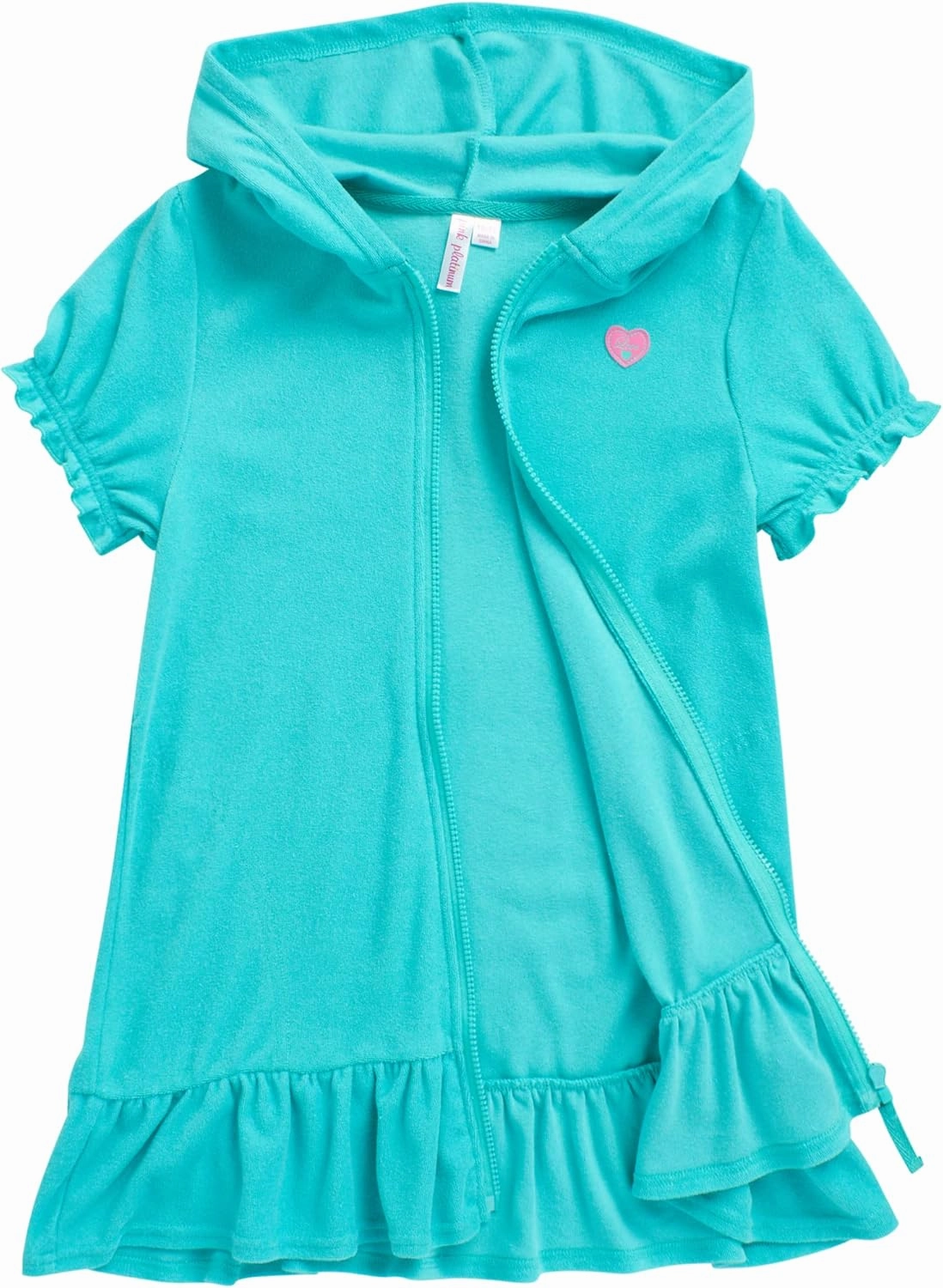 Pink Platinum Girls Swim Cover Up - Full Zip Hooded Ruffled Kids Terry Cloth Bathrobe, Swim Cover Up Dress for Girls (2T-16)