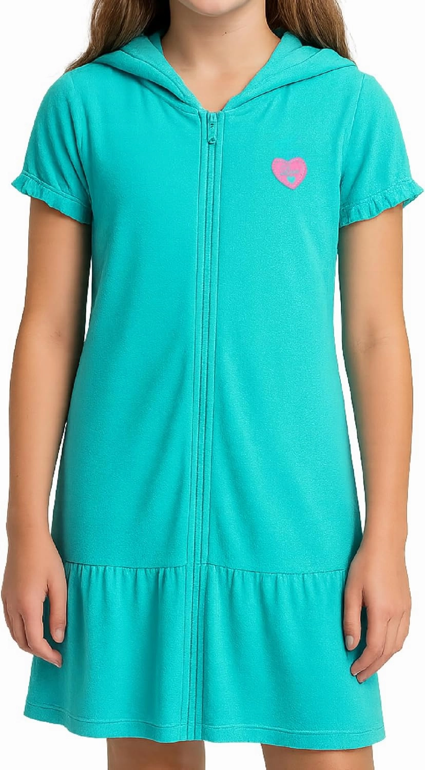 Pink Platinum Girls Swim Cover Up - Full Zip Hooded Ruffled Kids Terry Cloth Bathrobe, Swim Cover Up Dress for Girls (2T-16)