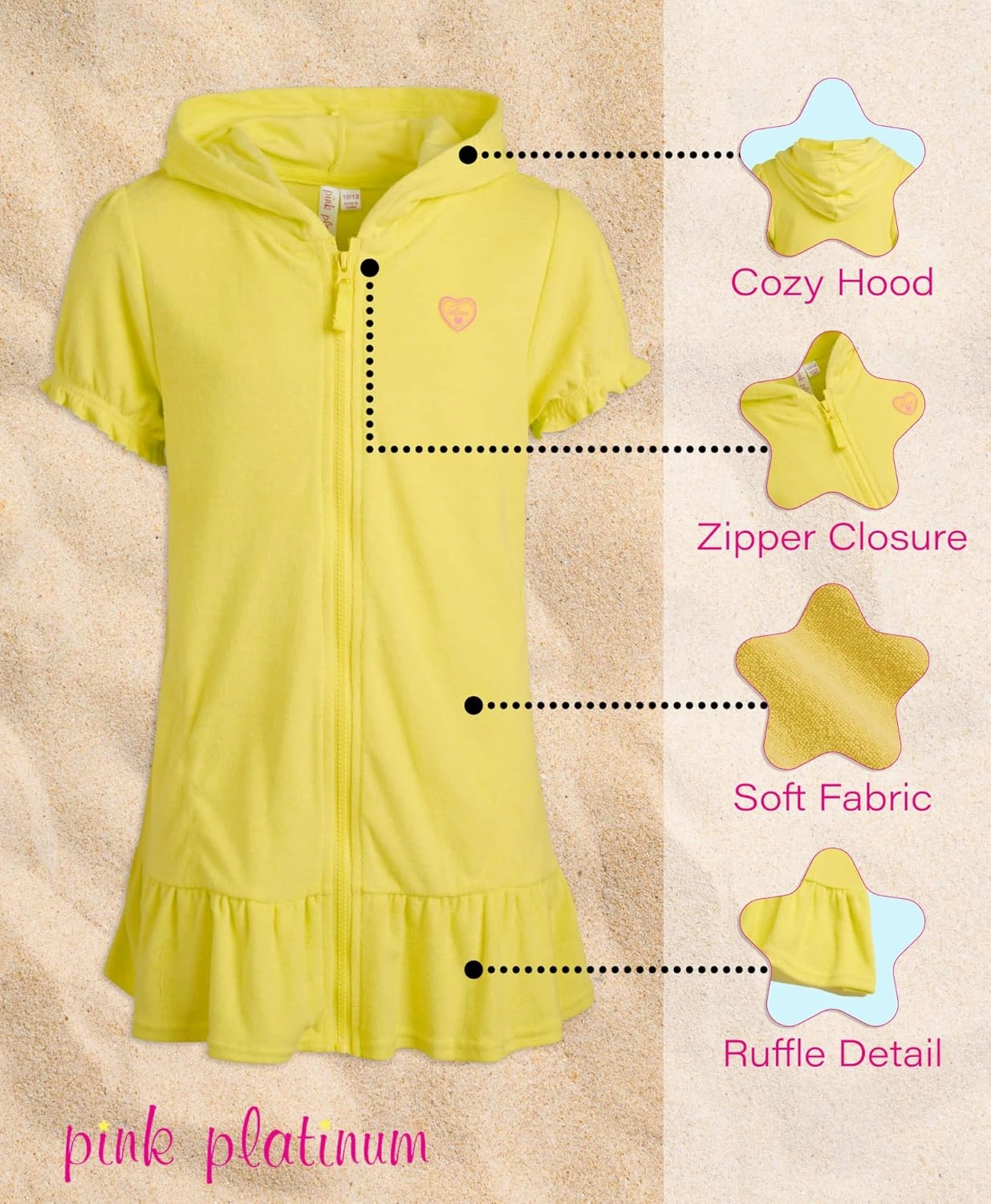 Pink Platinum Girls Swim Cover Up - Full Zip Hooded Ruffled Kids Terry Cloth Bathrobe, Swim Cover Up Dress for Girls (2T-16)