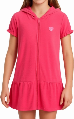 Pink Platinum Girls Swim Cover Up - Full Zip Hooded Ruffled Kids Terry Cloth Bathrobe, Swim Cover Up Dress for Girls (2T-16)