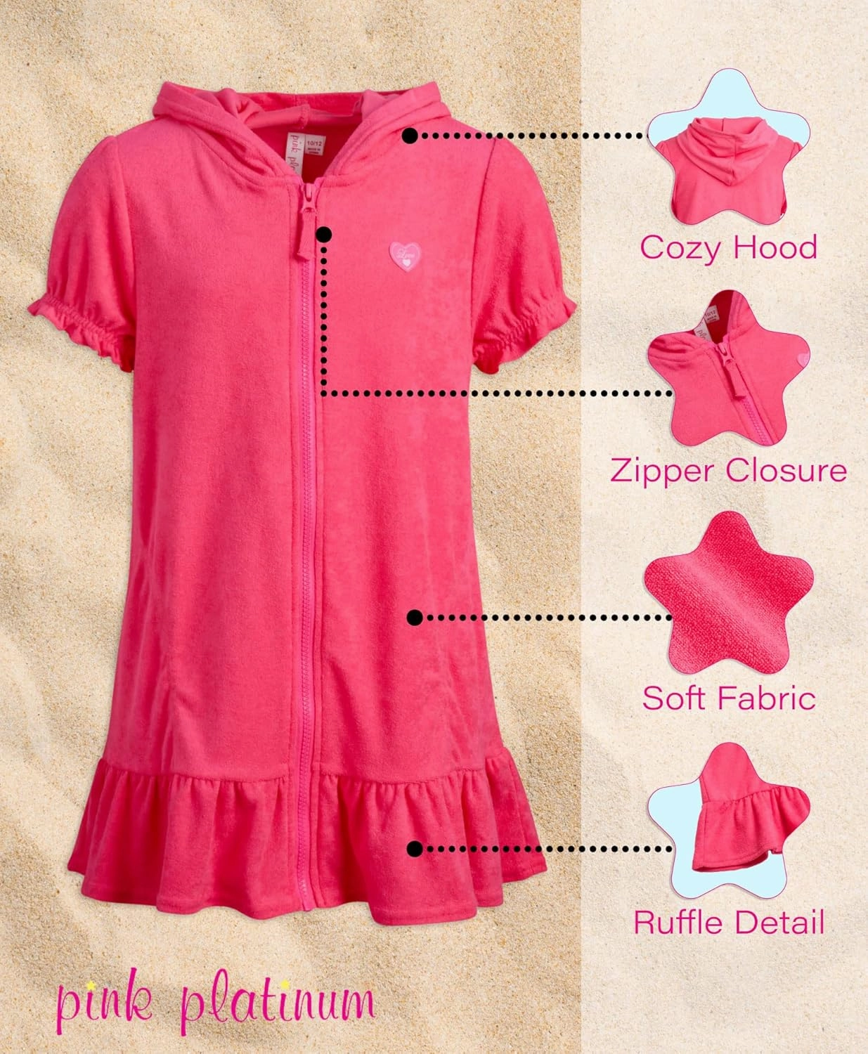 Pink Platinum Girls Swim Cover Up - Full Zip Hooded Ruffled Kids Terry Cloth Bathrobe, Swim Cover Up Dress for Girls (2T-16)