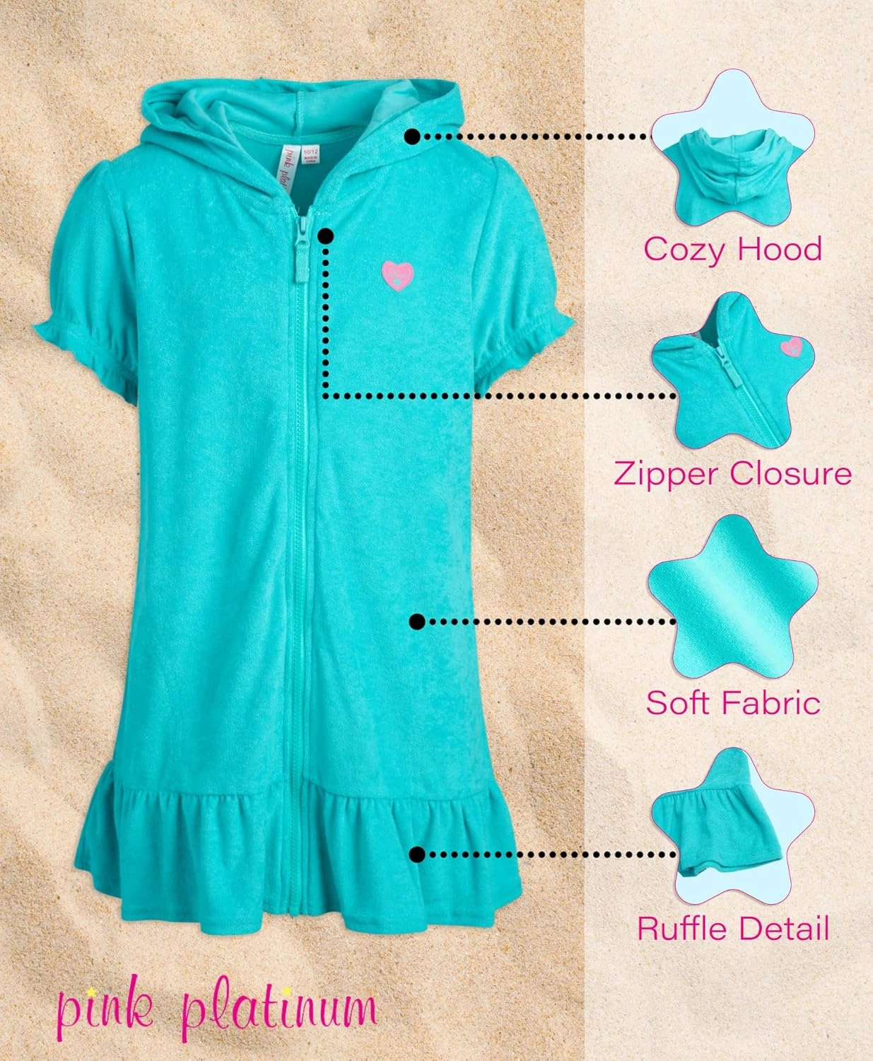Pink Platinum Girls Swim Cover Up - Full Zip Hooded Ruffled Kids Terry Cloth Bathrobe, Swim Cover Up Dress for Girls (2T-16)