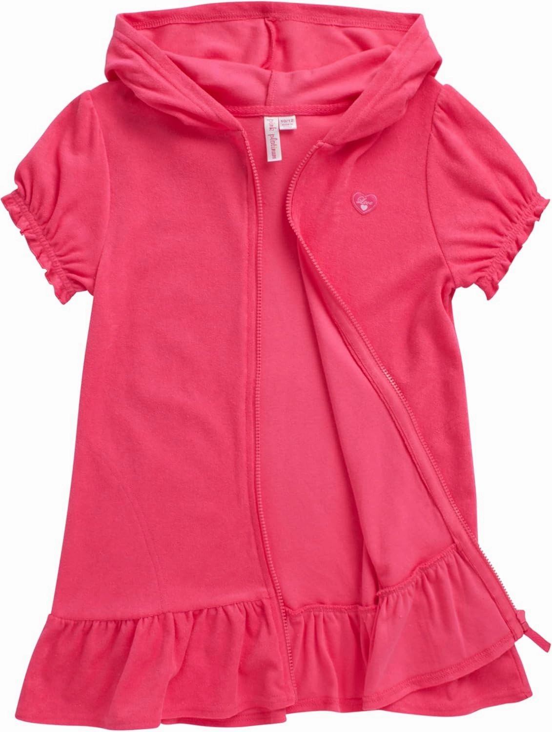 Pink Platinum Girls Swim Cover Up - Full Zip Hooded Ruffled Kids Terry Cloth Bathrobe, Swim Cover Up Dress for Girls (2T-16)