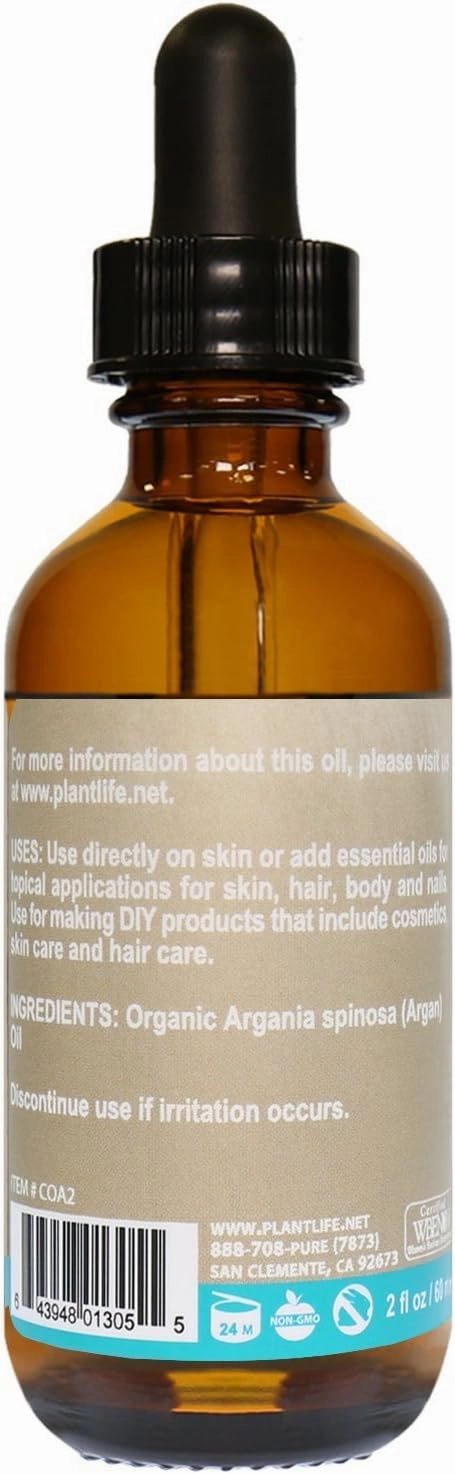 Plantlife Argan Carrier Oil - Cold Pressed, Non-GMO, and Gluten Free Carrier Oils - for Skin, Hair, and Personal Care - 2 oz
