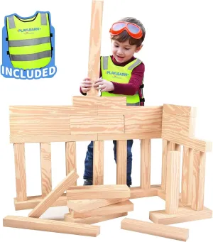 Playlearn 24pc Foam Wooden Beams for Kids- Children’s Reflective Vest and Storage Bag Included - Actual Beam Size Lightweight, Soft Building Blocks - Fake Wooden Beams