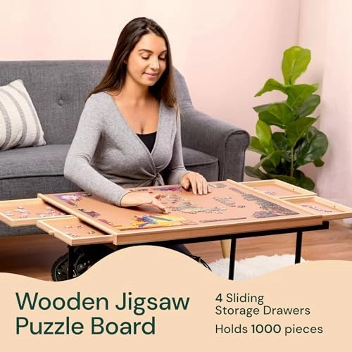 PlayVibe Locker 1000 Piece Puzzle Board with Drawers and Cover - Sturdy Puzzle Table with 6 Drawers 22 1/4” x 30" - Jigsaw Portable Wooden Tray