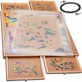 PlayVibe Locker 1000 Piece Puzzle Board with Drawers and Cover - Sturdy Puzzle Table with 6 Drawers 22 1/4” x 30" - Jigsaw Portable Wooden Tray