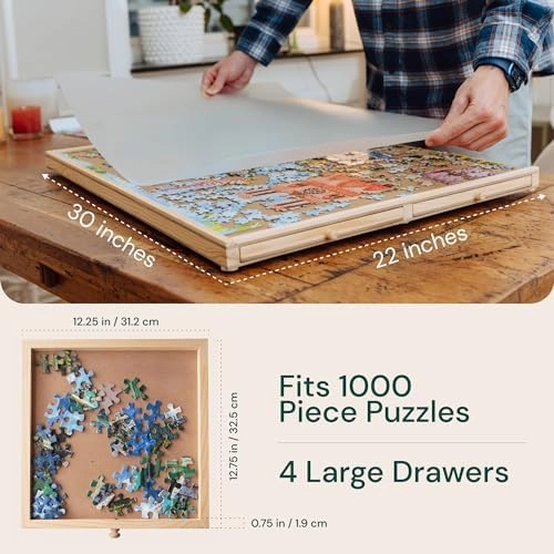 PlayVibe Locker 1000 Piece Puzzle Board with Drawers and Cover - Sturdy Puzzle Table with 6 Drawers 22 1/4” x 30" - Jigsaw Portable Wooden Tray