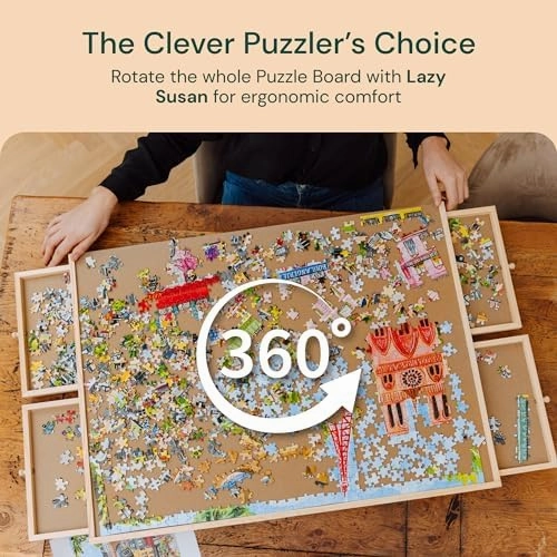 PlayVibe Locker 1000 Piece Puzzle Board with Drawers and Cover - Sturdy Puzzle Table with 6 Drawers 22 1/4” x 30" - Jigsaw Portable Wooden Tray