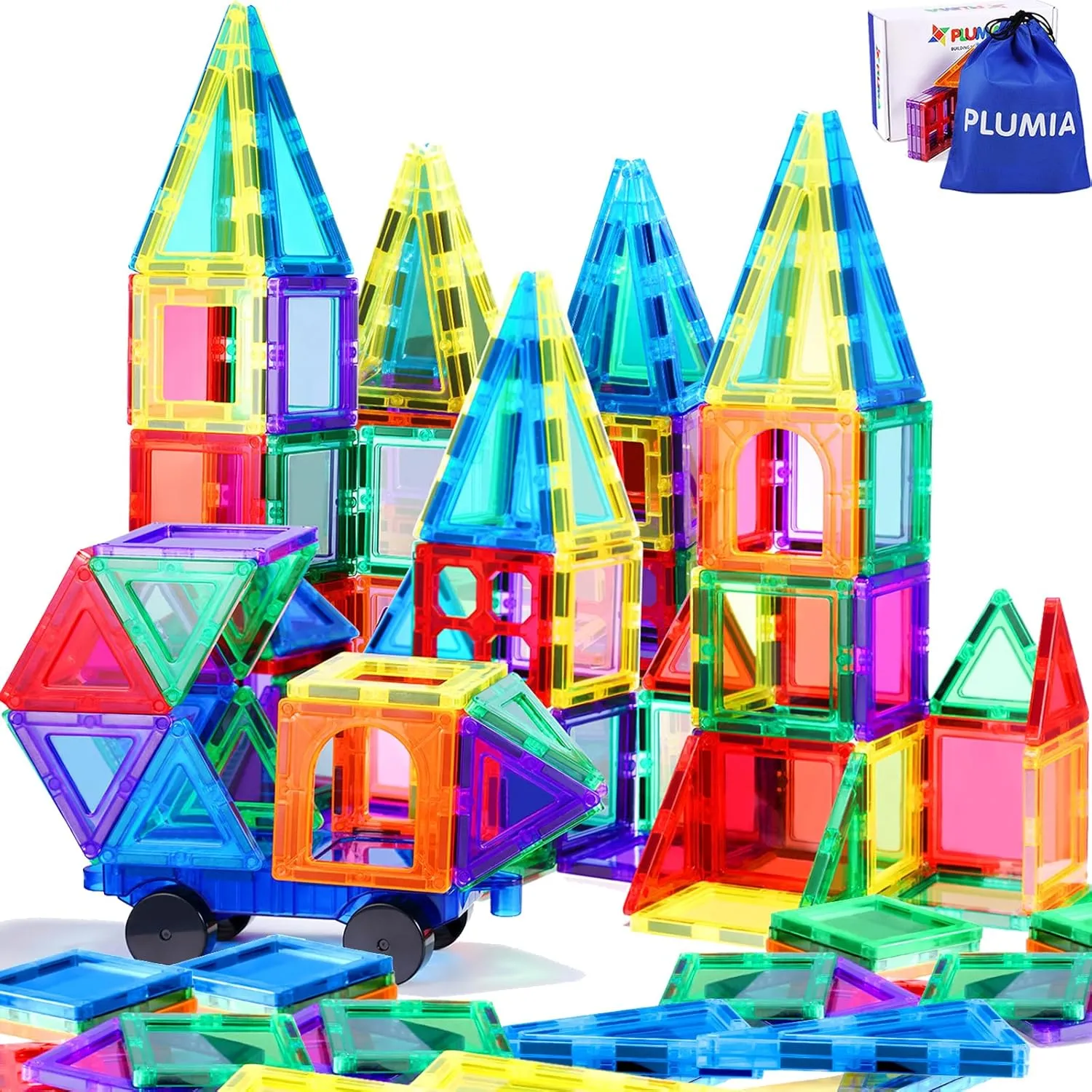 PLUMIA Magnetic Tiles for Kids 3D Magnet Building Tiles Set STEM Learning Toys Magnetic Toys Gift for 3  Year Old Boys and Girls
