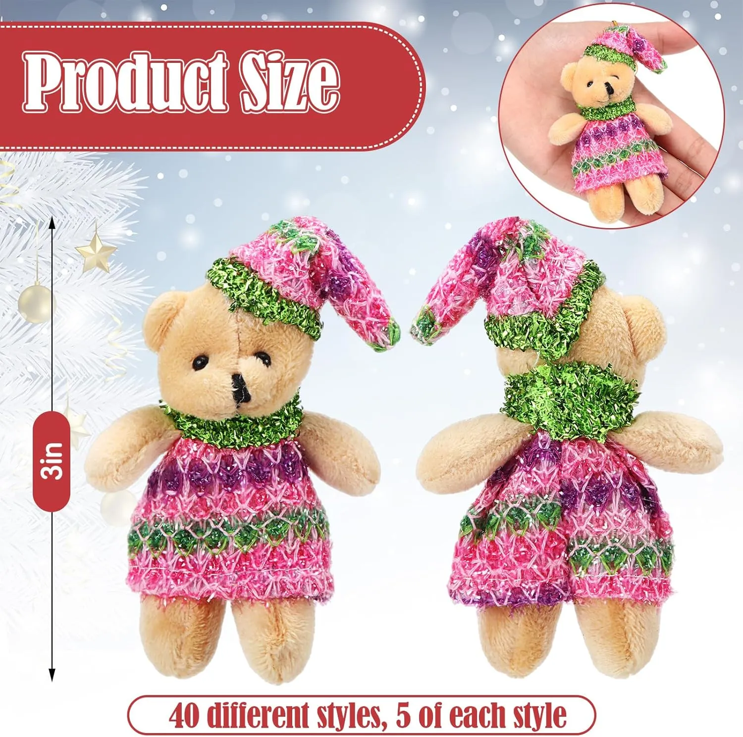 Poen 200 Pcs Mini Christmas Stuffed Animals Bulk Plush Christmas Tree Hanging Decorations Key Chain Animal Toy Set Small Toys for Kids Party Gifts Supplies(Cute Style)