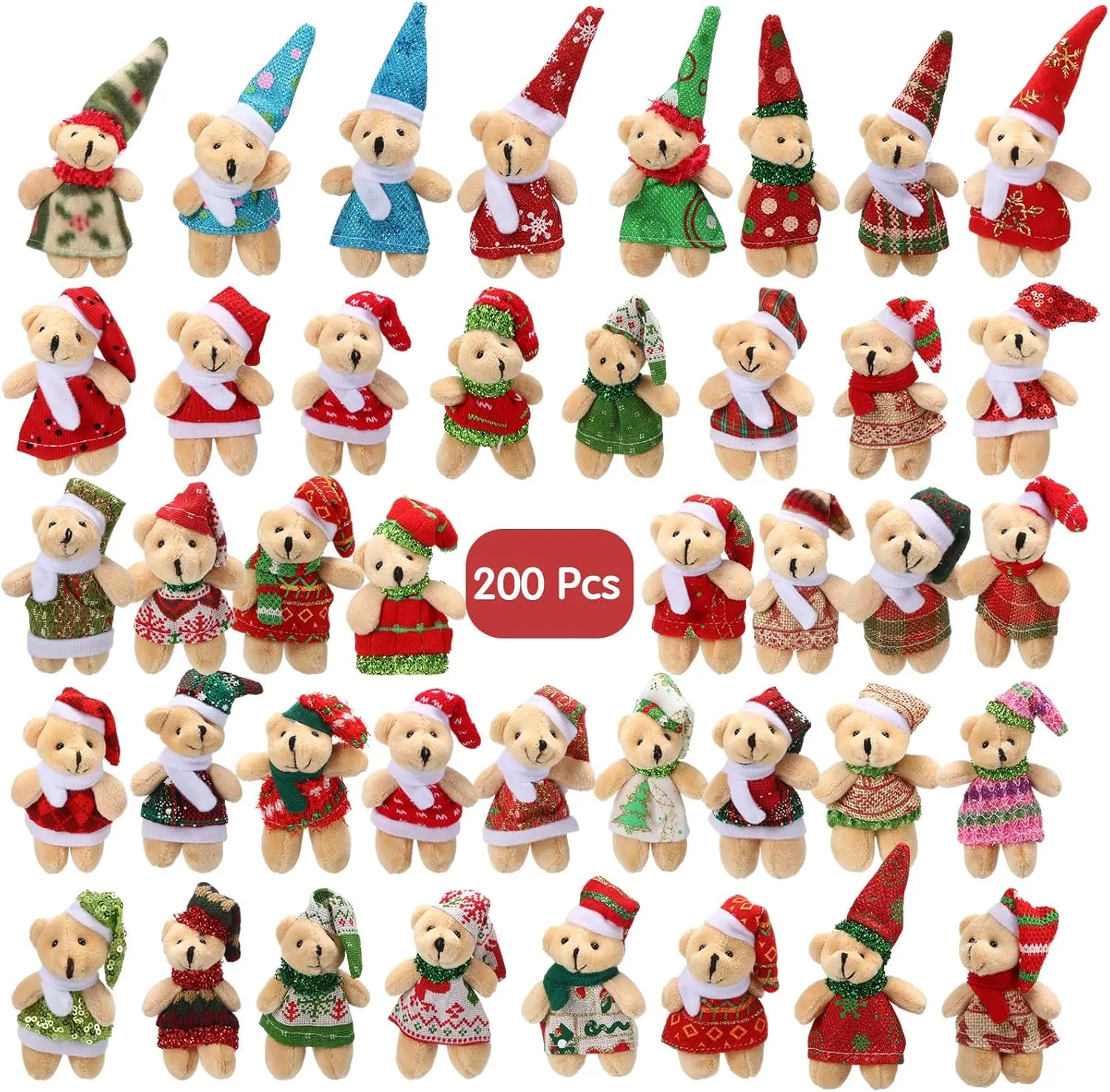 Poen 200 Pcs Mini Christmas Stuffed Animals Bulk Plush Christmas Tree Hanging Decorations Key Chain Animal Toy Set Small Toys for Kids Party Gifts Supplies(Cute Style)