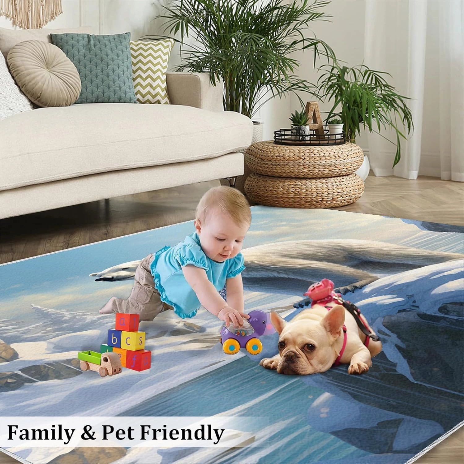 Polar Bear Print Area Rug 8x10ft Arctic Scenery Iceberg Sunset Living Room Rugs, Indoor Non-Slip Kids Rugs, Machine Washable Breathable Durable Carpet for Front Entrance Floor Decor