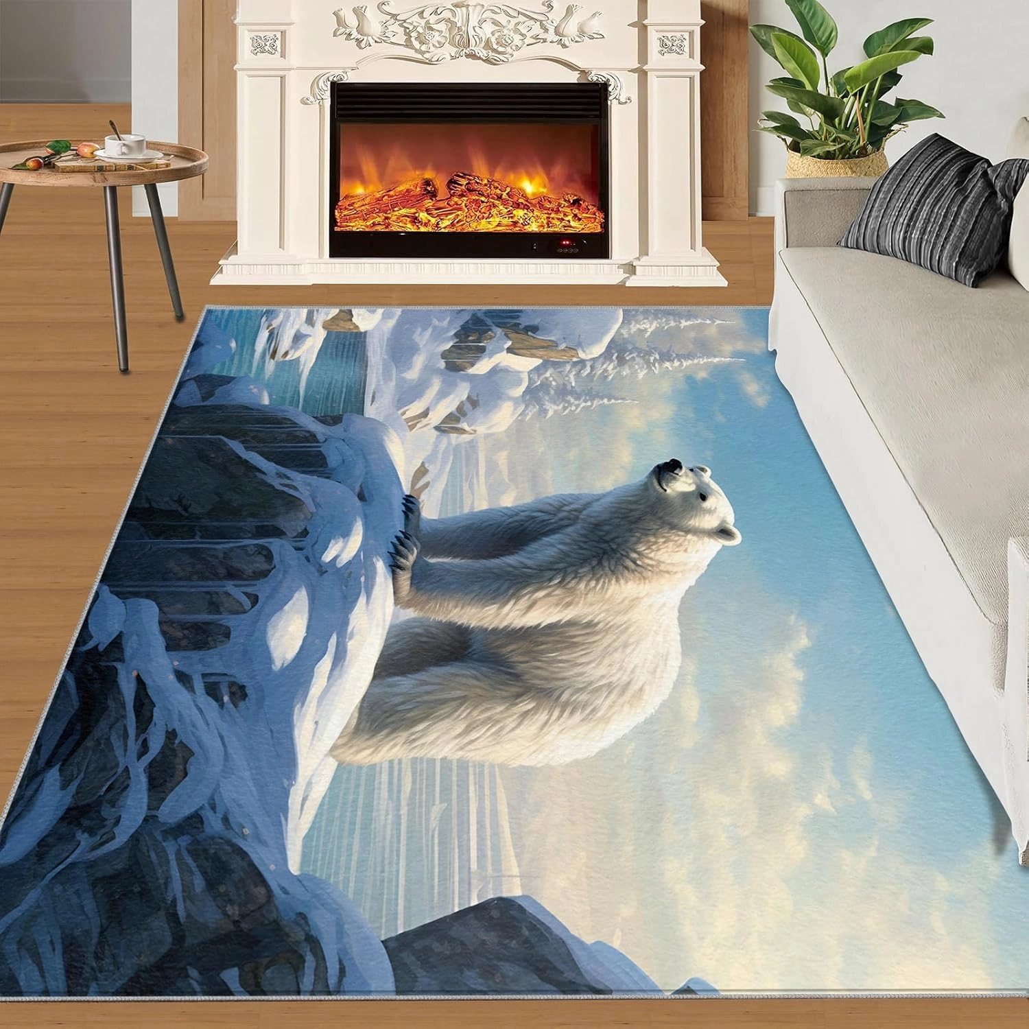Polar Bear Print Area Rug 8x10ft Arctic Scenery Iceberg Sunset Living Room Rugs, Indoor Non-Slip Kids Rugs, Machine Washable Breathable Durable Carpet for Front Entrance Floor Decor