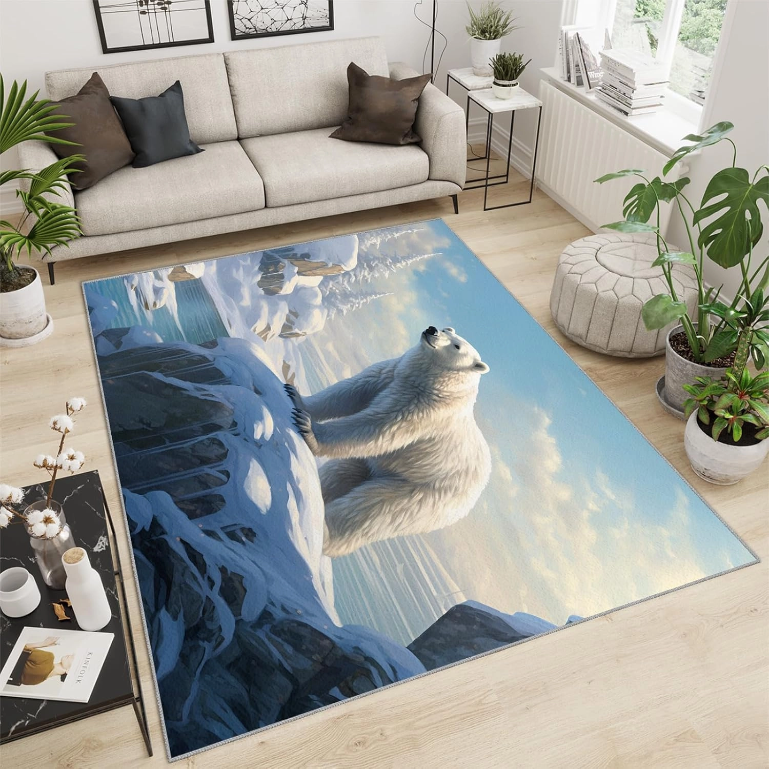 Polar Bear Print Area Rug 8x10ft Arctic Scenery Iceberg Sunset Living Room Rugs, Indoor Non-Slip Kids Rugs, Machine Washable Breathable Durable Carpet for Front Entrance Floor Decor