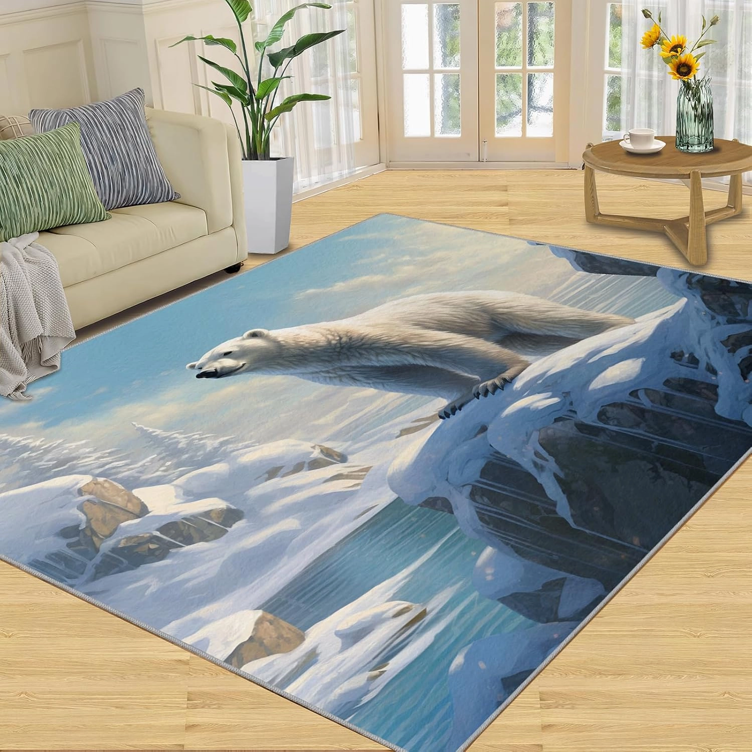 Polar Bear Print Area Rug 8x10ft Arctic Scenery Iceberg Sunset Living Room Rugs, Indoor Non-Slip Kids Rugs, Machine Washable Breathable Durable Carpet for Front Entrance Floor Decor