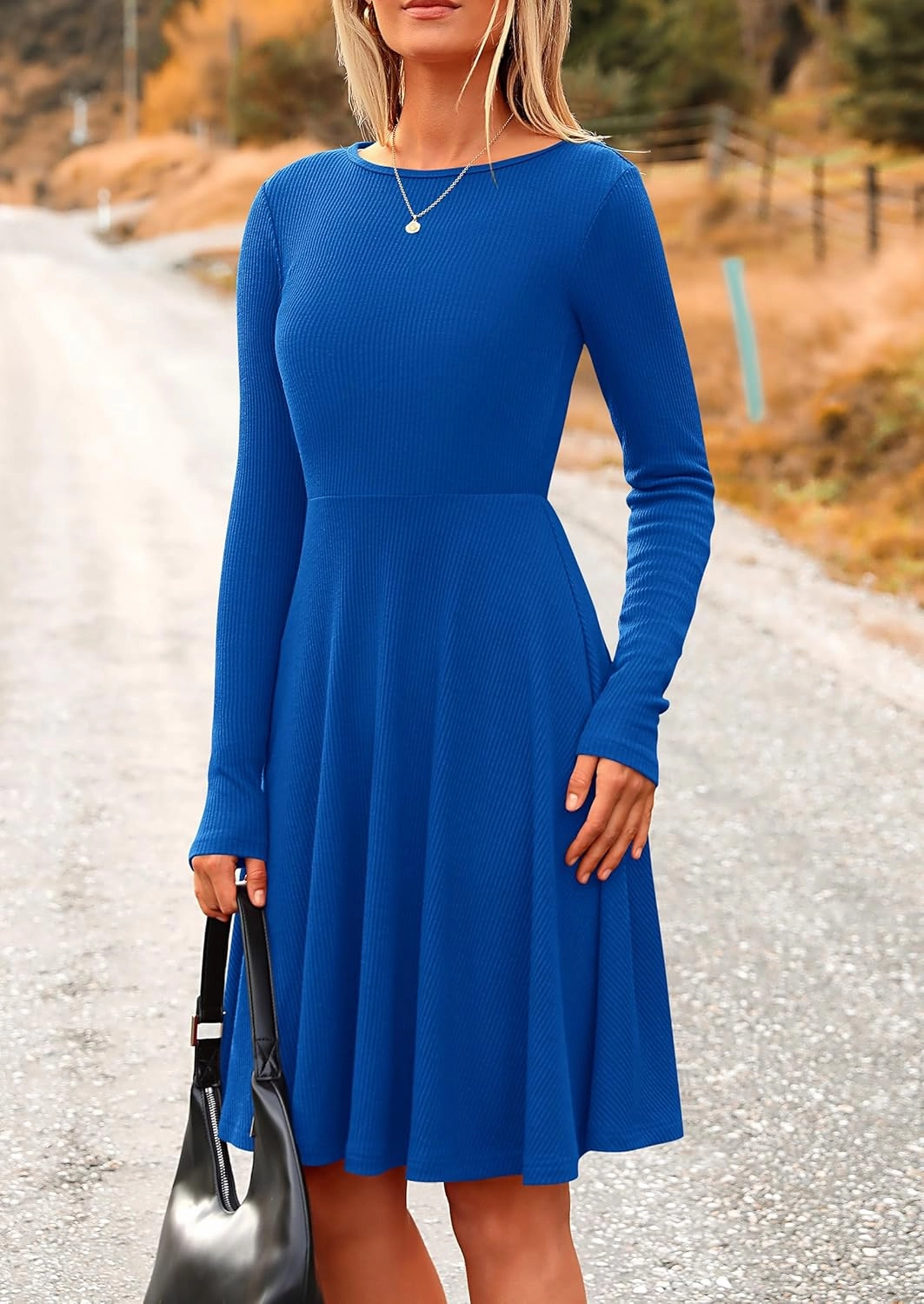 PRETTYGARDEN Women's Spring Fall Short Dress Ribbed Knit Crewneck Long Sleeve A Line Flowy Casual Elegant Going Out Dresses