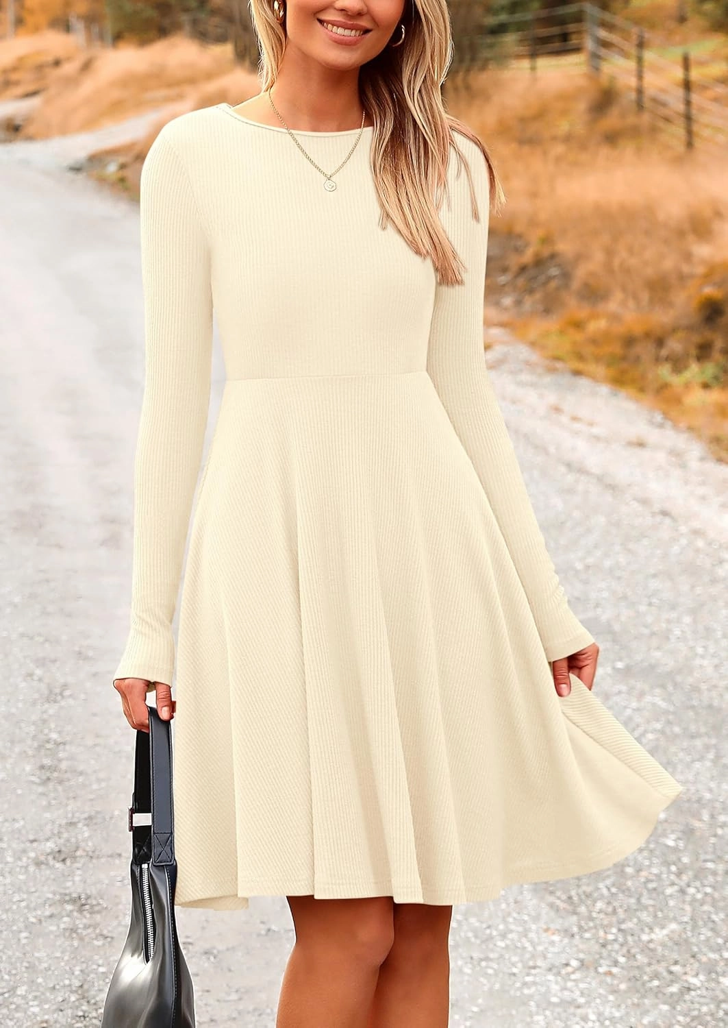 PRETTYGARDEN Women's Spring Fall Short Dress Ribbed Knit Crewneck Long Sleeve A Line Flowy Casual Elegant Going Out Dresses