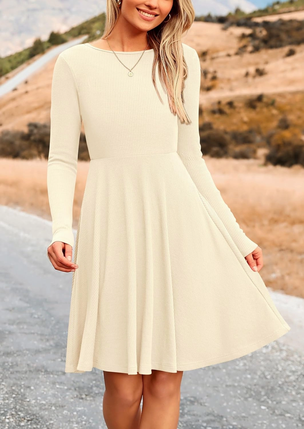 PRETTYGARDEN Women's Spring Fall Short Dress Ribbed Knit Crewneck Long Sleeve A Line Flowy Casual Elegant Going Out Dresses