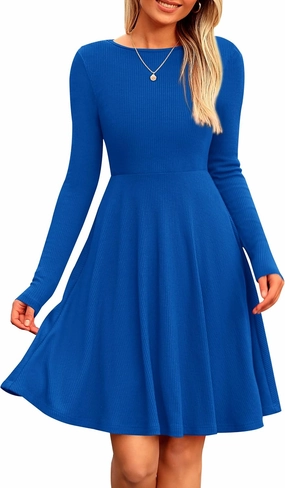 PRETTYGARDEN Women's Spring Fall Short Dress Ribbed Knit Crewneck Long Sleeve A Line Flowy Casual Elegant Going Out Dresses