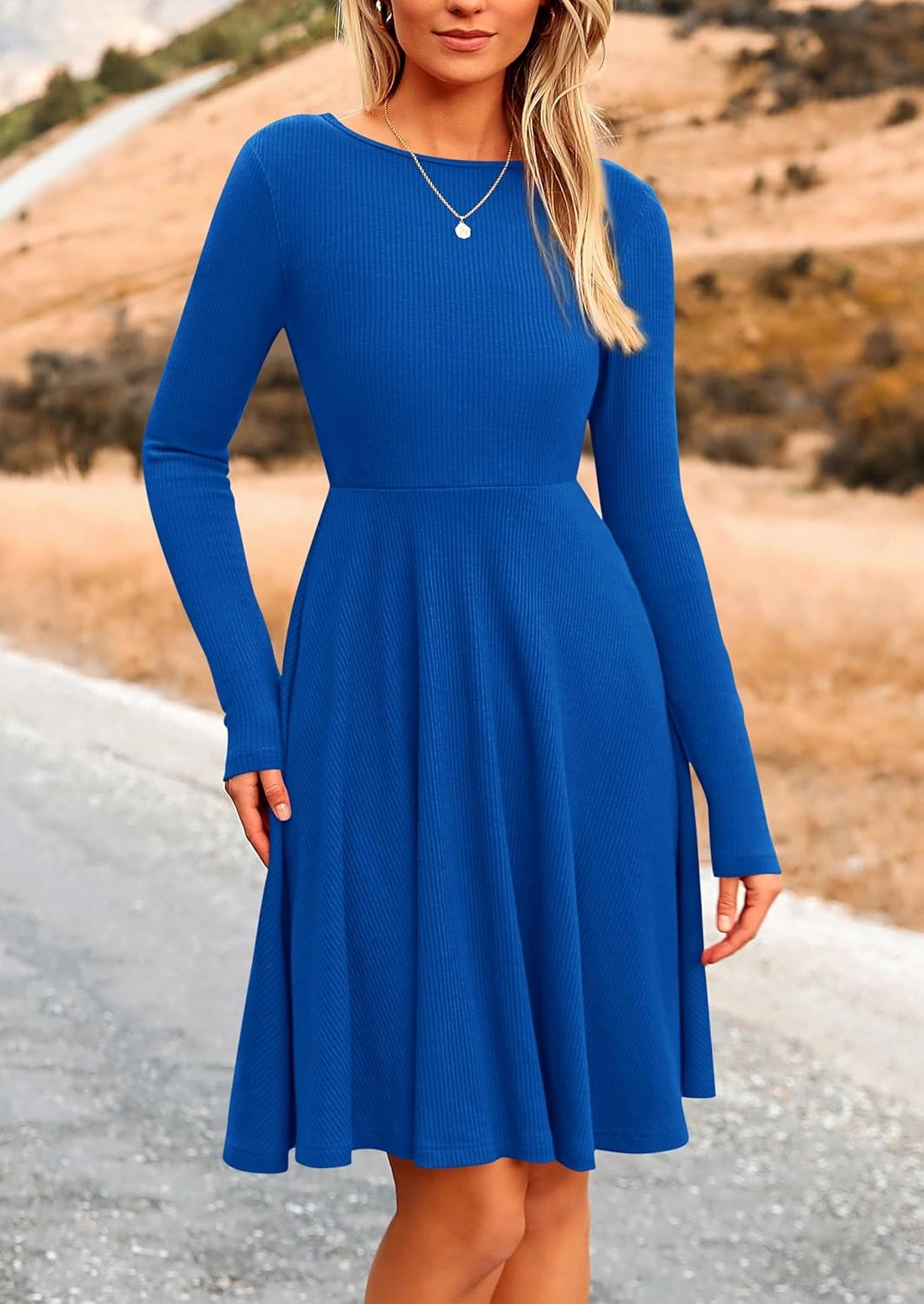 PRETTYGARDEN Women's Spring Fall Short Dress Ribbed Knit Crewneck Long Sleeve A Line Flowy Casual Elegant Going Out Dresses