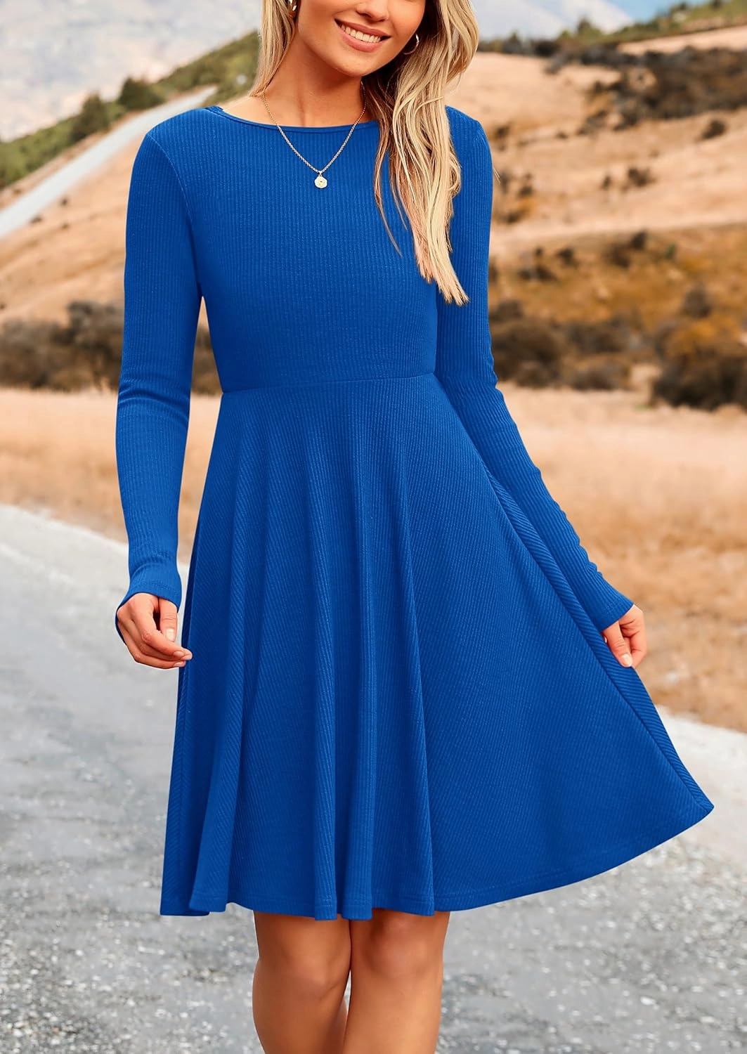 PRETTYGARDEN Women's Spring Fall Short Dress Ribbed Knit Crewneck Long Sleeve A Line Flowy Casual Elegant Going Out Dresses