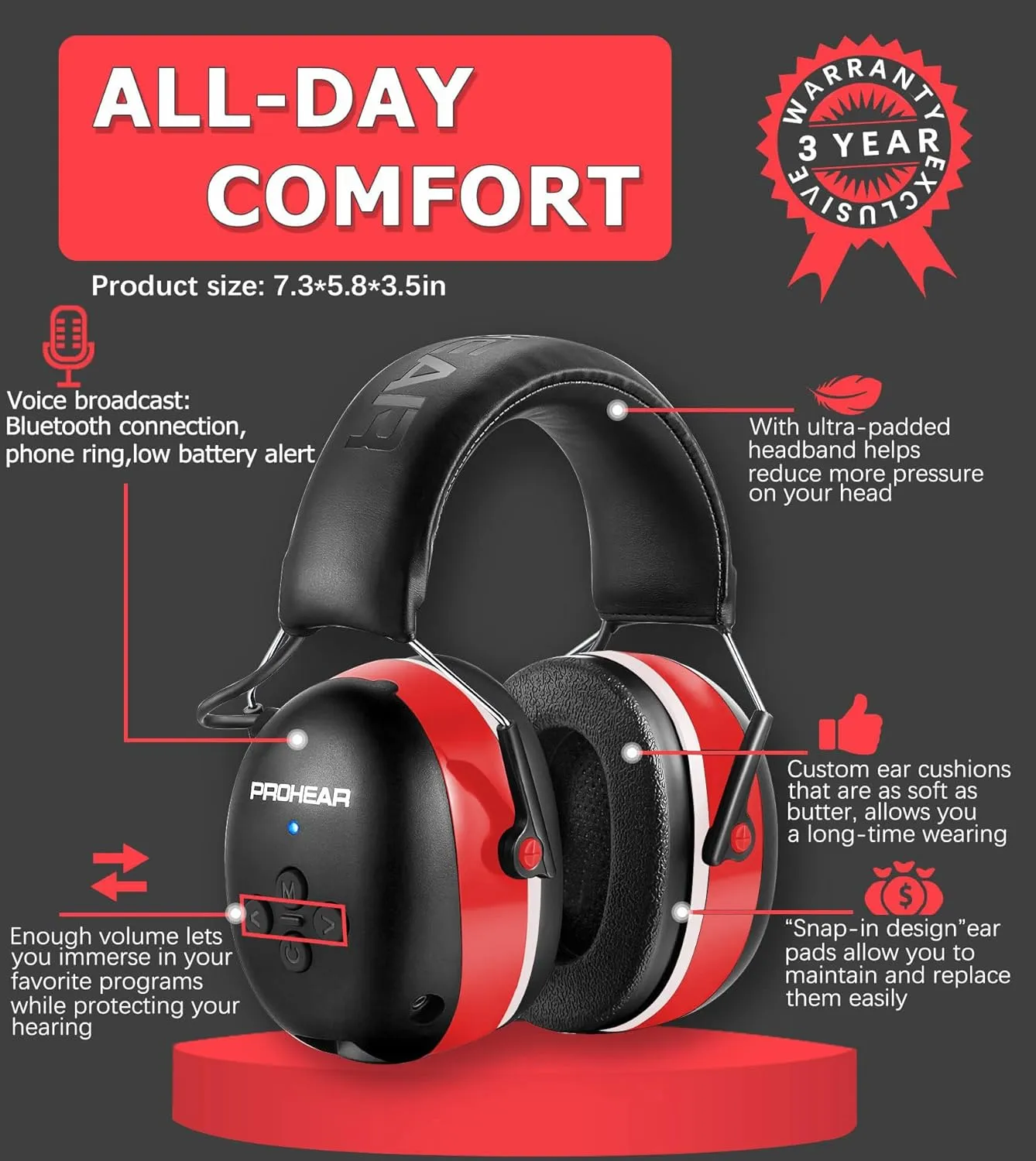 PROHEAR 037 Bluetooth 5.3 Hearing Protection Headphones with Rechargeable 1500mAh Battery, 30dB SNR Safety Noise Reduction Ear Muffs with 120H Playtime for Mowing - Red