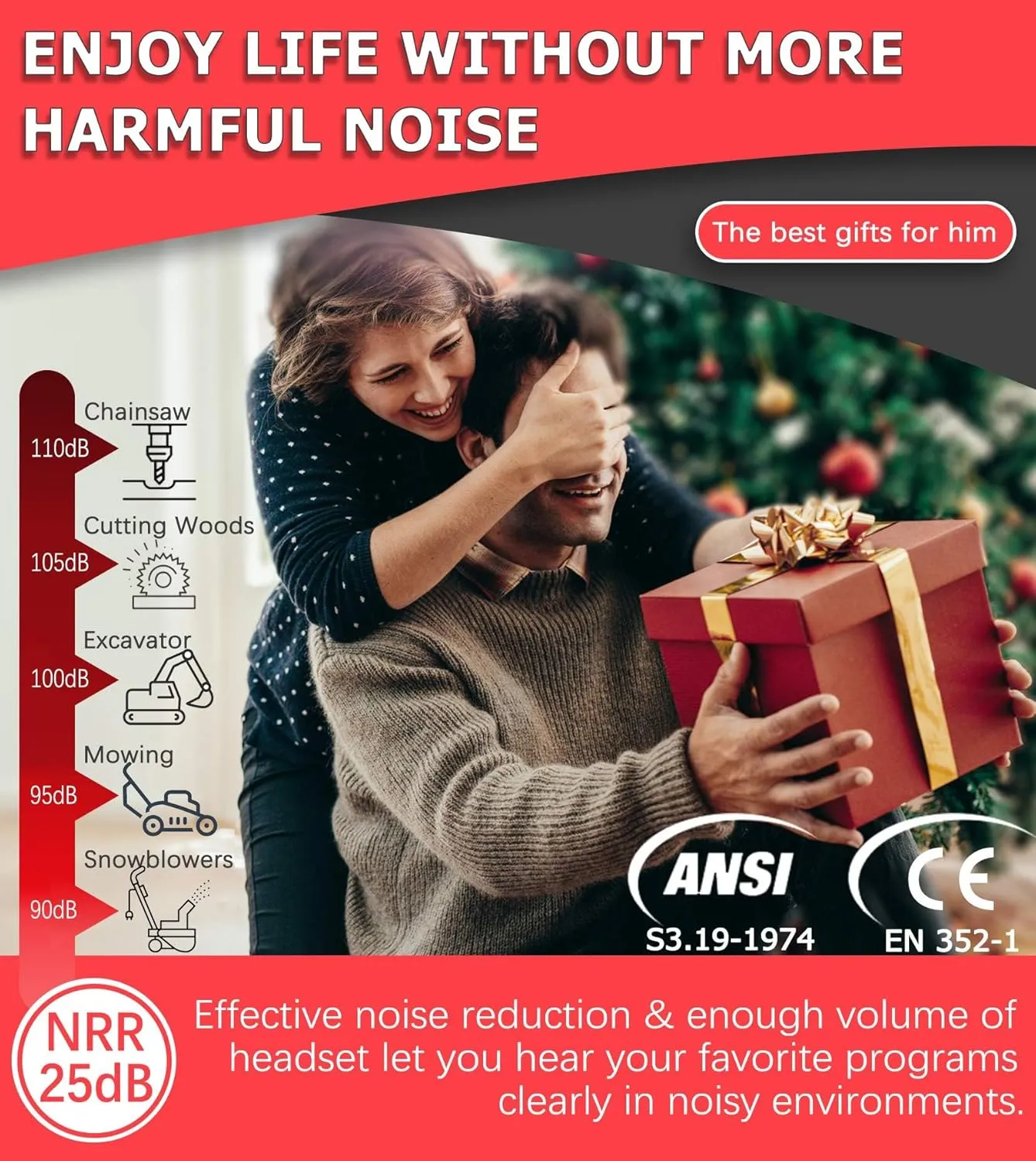 PROHEAR 037 Bluetooth 5.3 Hearing Protection Headphones with Rechargeable 1500mAh Battery, 30dB SNR Safety Noise Reduction Ear Muffs with 120H Playtime for Mowing - Red