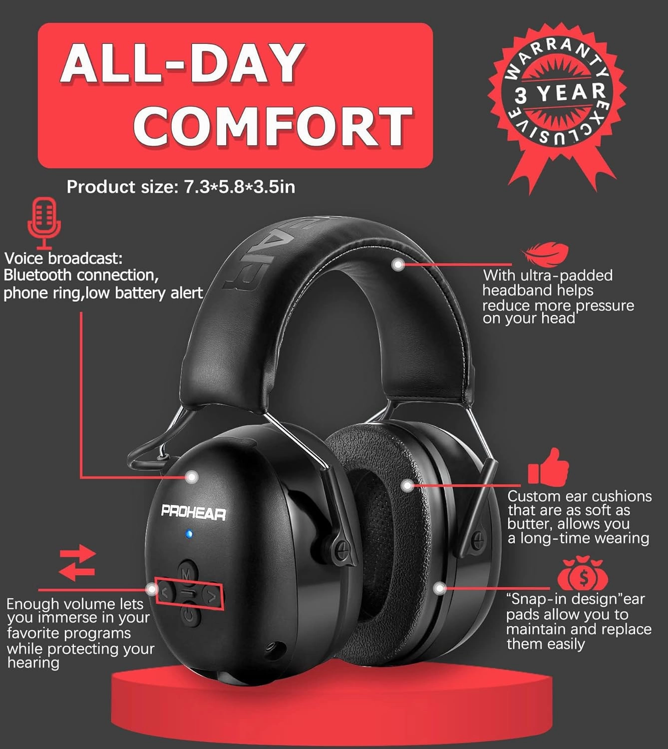 PROHEAR 037 2 Pack Bluetooth 5.0 Hearing Protection Headphones with Rechargeable, 25dB NRR Safety Noise Reduction Ear Muffs for Mowing Workshops Snowblowing, Black and Black