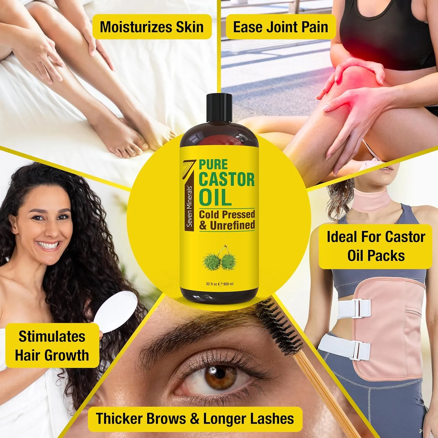 Pure Cold Pressed Castor Oil - Big 32 fl oz Bottle - Unrefined & Hexane Free - 100% Pure Castor Oil for Hair Growth, Thicker Eyelashes & Eyebrows, Dry Skin, Healing, Hair Care, Joint and Muscle Pain