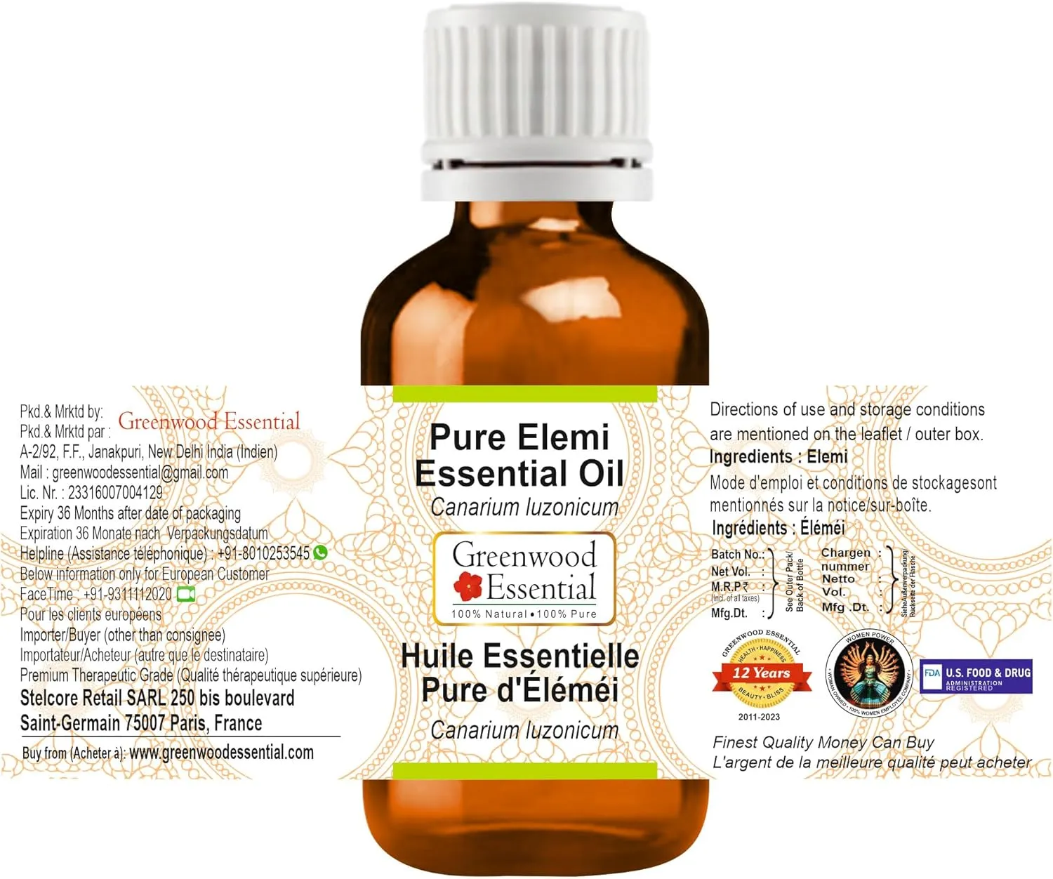 Pure Elemi Essential Oil (Canarium luzonicum) Steam Distilled (Pack of Three) 100ml X 3 (10.1oz)