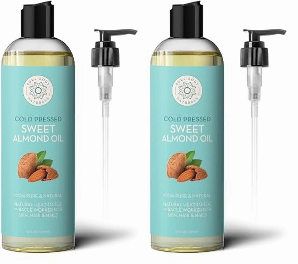 Pure Body Naturals Sweet Almond Oil for Hair and Skin, 100% Pure and Cold Pressed, Hexane Free, Skin Moisturizer, Nails, Therapeutic Massage, Carrier Oil 16 Fl. Ounce (Label Varies) (Pack of 2)
