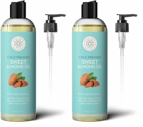 Pure Body Naturals Sweet Almond Oil for Hair and Skin, 100% Pure and Cold Pressed, Hexane Free, Skin Moisturizer, Nails, Therapeutic Massage, Carrier Oil 16 Fl. Ounce (Label Varies) (Pack of 2)