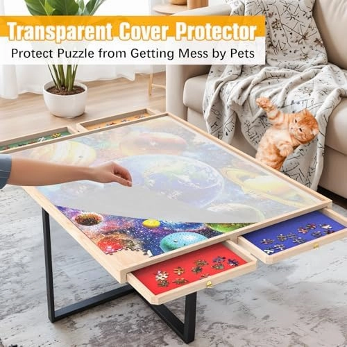 Puzzle Board with Drawers Rotatable 360-Degree Wheels and Cover 30'' x 22'' 1000 Piece Wooden Jigsaw Puzzle Table Storage Organizer Portable Lightweight Design (No Lazy Susan)