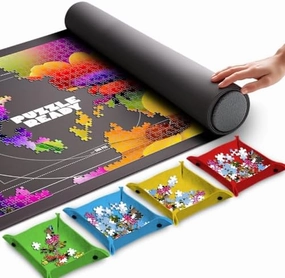 Puzzle Ready Jigsaw Puzzle Mat Roll-Up - 46″ x 29.5″ for 1500 Pieces - Portable Puzzle Board with 4 Sorting Trays, Storage Bag, Foam Roller, 3 Hook & Loop Fastener Straps