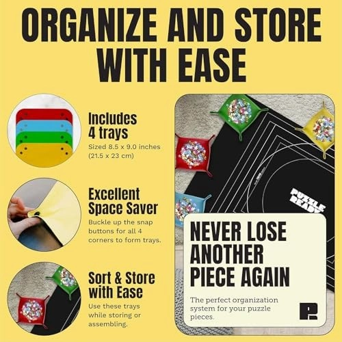 Puzzle Ready Jigsaw Puzzle Mat Roll-Up - 46″ x 29.5″ for 1500 Pieces - Portable Puzzle Board with 4 Sorting Trays, Storage Bag, Foam Roller, 3 Hook & Loop Fastener Straps