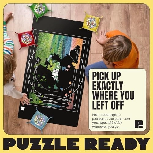 Puzzle Ready Jigsaw Puzzle Mat Roll-Up - 46″ x 29.5″ for 1500 Pieces - Portable Puzzle Board with 4 Sorting Trays, Storage Bag, Foam Roller, 3 Hook & Loop Fastener Straps