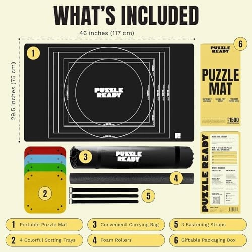 Puzzle Ready Jigsaw Puzzle Mat Roll-Up - 46″ x 29.5″ for 1500 Pieces - Portable Puzzle Board with 4 Sorting Trays, Storage Bag, Foam Roller, 3 Hook & Loop Fastener Straps
