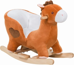 Qaba Kids Ride On Rocking Horse, Plush Animal Toy Sturdy Wooden Rocker with Songs for Boys or Girls