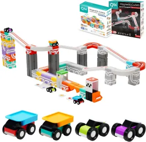 QBI STEM Toy Combo for Toddlers 2  & Kids 5  | Supermarket Adventure & Speed Champions Racing Track | Montessori Toys, Magnetic Building Blocks with Cargo Trucks & Push & Go Race Cars (68 Pieces)