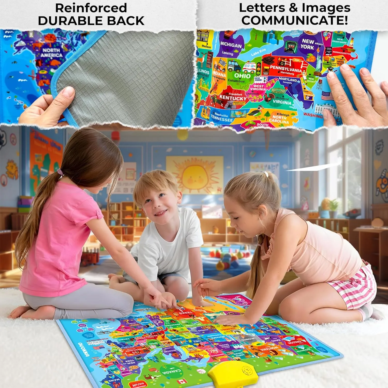 QUOKKA Educational Toys for Kids 5-7 Year Old - USA World Maps Learning Wall Chart for Toddlers Age 3 4 6  - Interactive Speech Therapy Poster Boy Girl - Autism Game 8-10-12