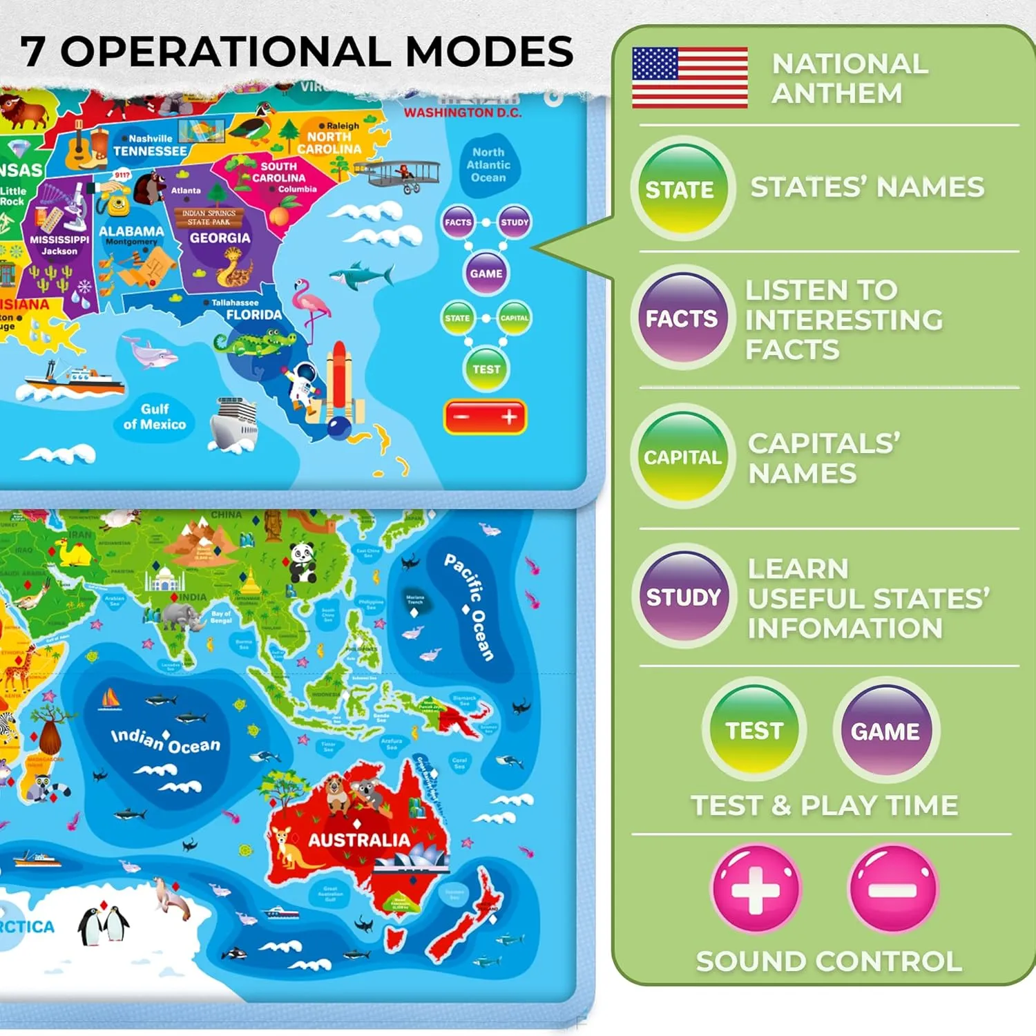 QUOKKA Educational Toys for Kids 5-7 Year Old - USA World Maps Learning Wall Chart for Toddlers Age 3 4 6  - Interactive Speech Therapy Poster Boy Girl - Autism Game 8-10-12