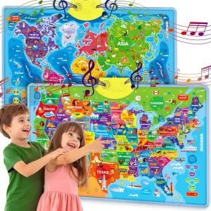 QUOKKA Educational Toys for Kids 5-7 Year Old - USA World Maps Learning Wall Chart for Toddlers Age 3 4 6  - Interactive Speech Therapy Poster Boy Girl - Autism Game 8-10-12
